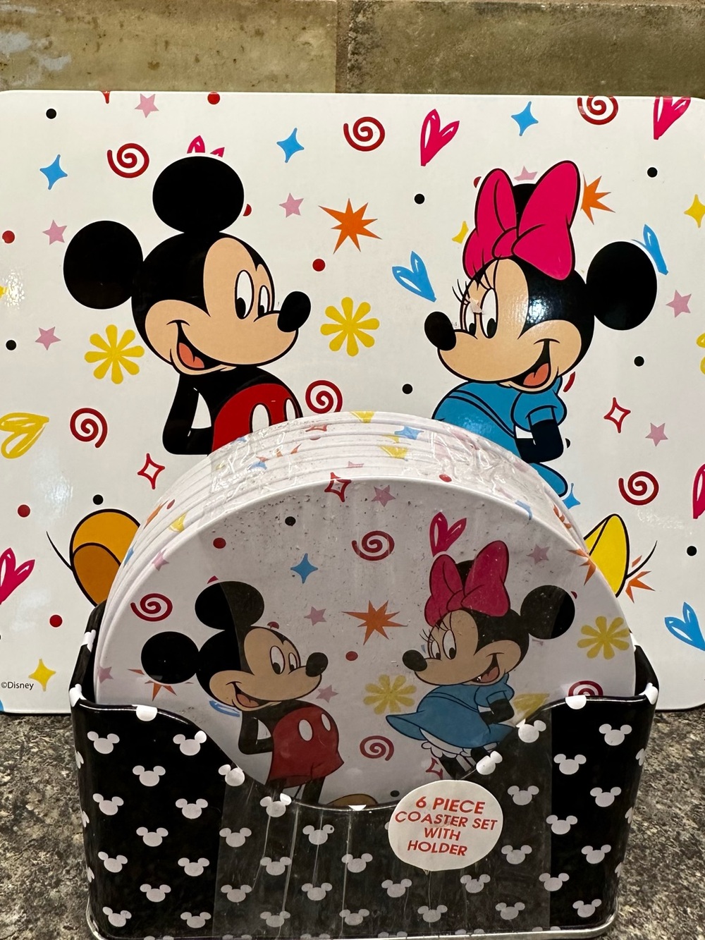 Disney Mickey & Minnie 6-Piece Coaster Set - White with Multicolor Accents